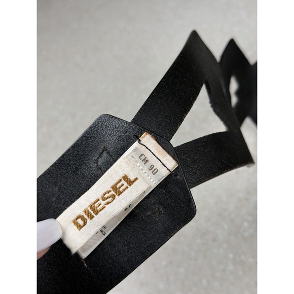 DIESEL Black Wide Leather‎ Belt Geometric Cut Out 100% Cow Leather Sz 90 cm